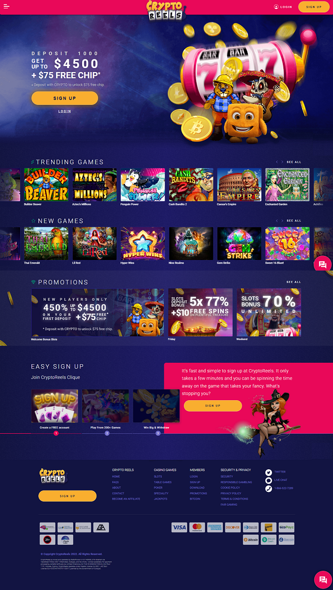 CryptoReels Casino Homepage